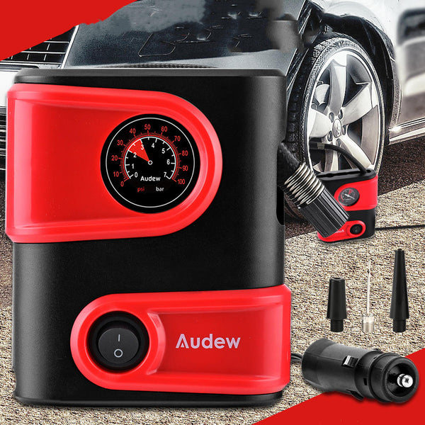 AUDEW Portable Tire Inflator Tire Pressure Gauge Tire Pump for Car Bike Motorcycle against a tire