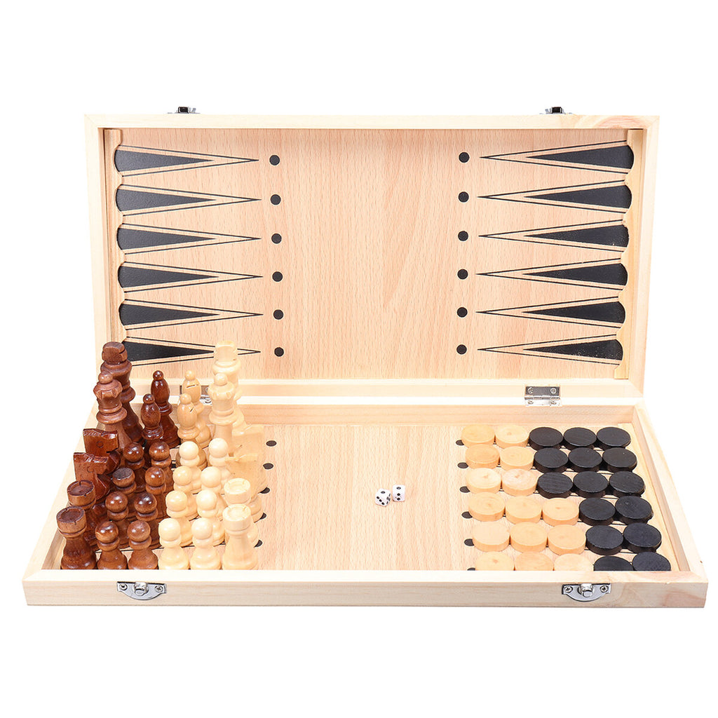 Wooden Chess Checkers Backgammon Set