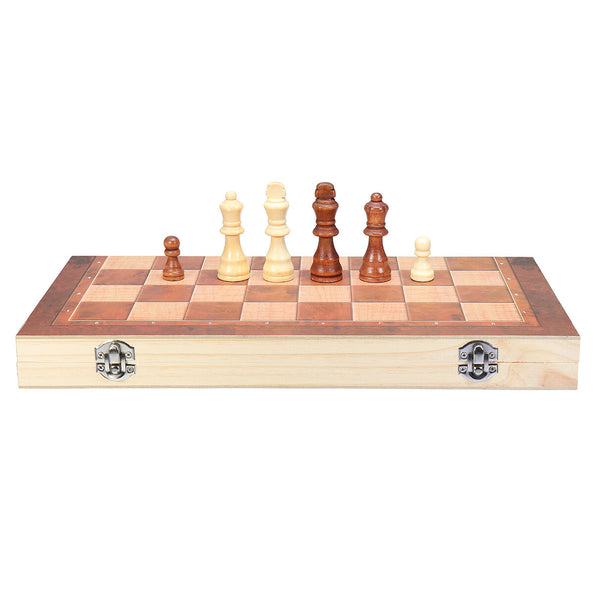 Chess pieces on top of the Wooden Chess Checkers Backgammon Set Box